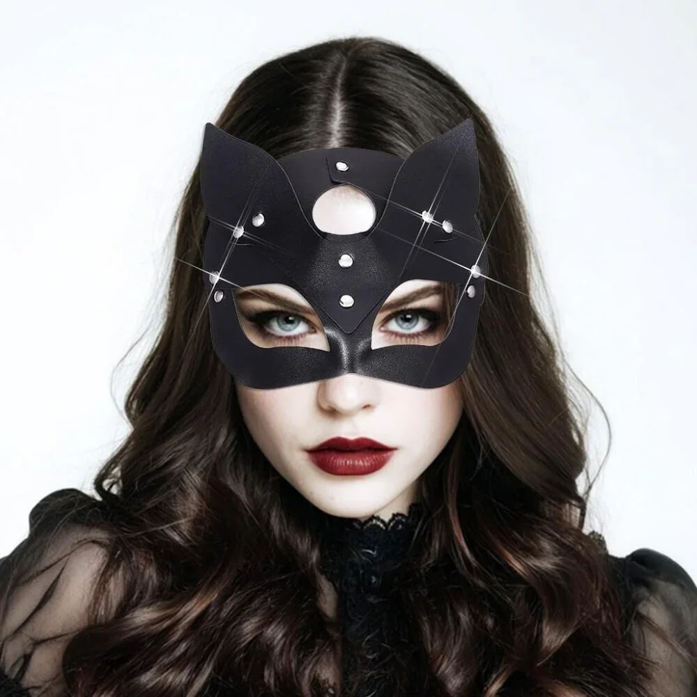 Leather Cat Mask Black Halloween Masquerade Cosplay Accessory for Women